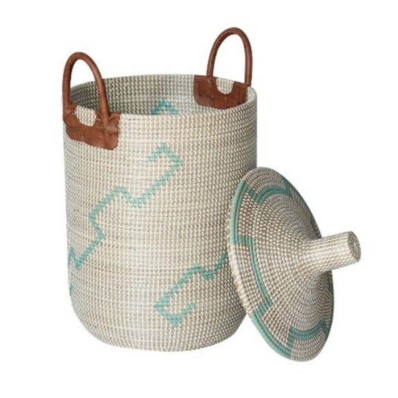 Lidded Seagrass Laundry Hamper With Faux Leather Handles