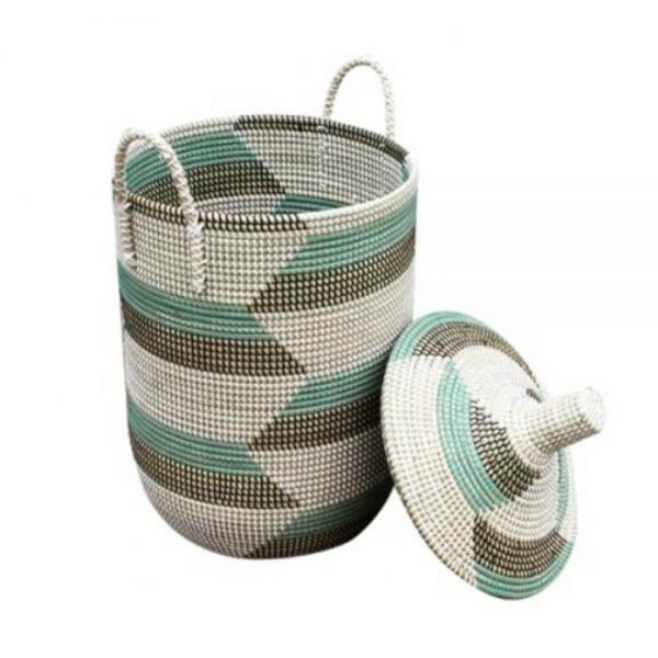 natural fibre woven basket accented with black and white ribbons
