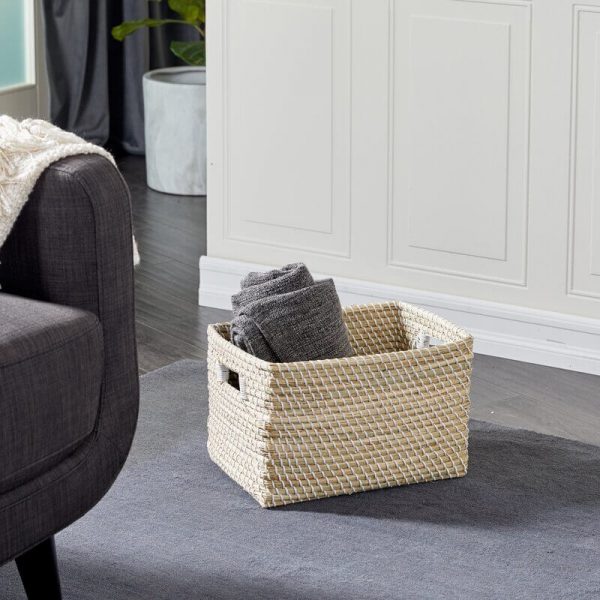 non-collapsible plastic string white seagrass storage bin basket storage tote