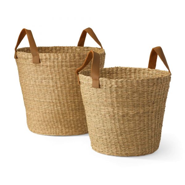 made in Vietnam seagrass round tapered baskets set of 2 leather handles