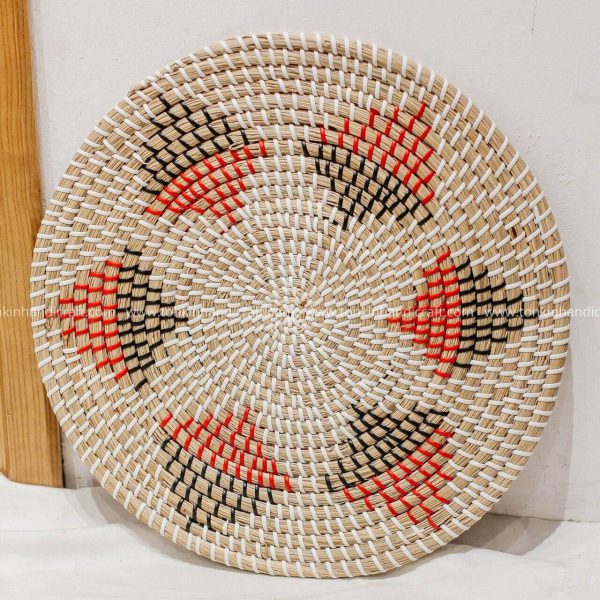 seagrass plate wall decor red black white natural fiber vinyl thread